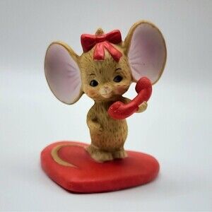 Vintage Lefton Mouse With Telephone on Red Valentines Heart 02230